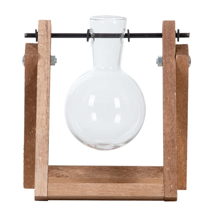 Stekstation met houten standaard en glazen vaas