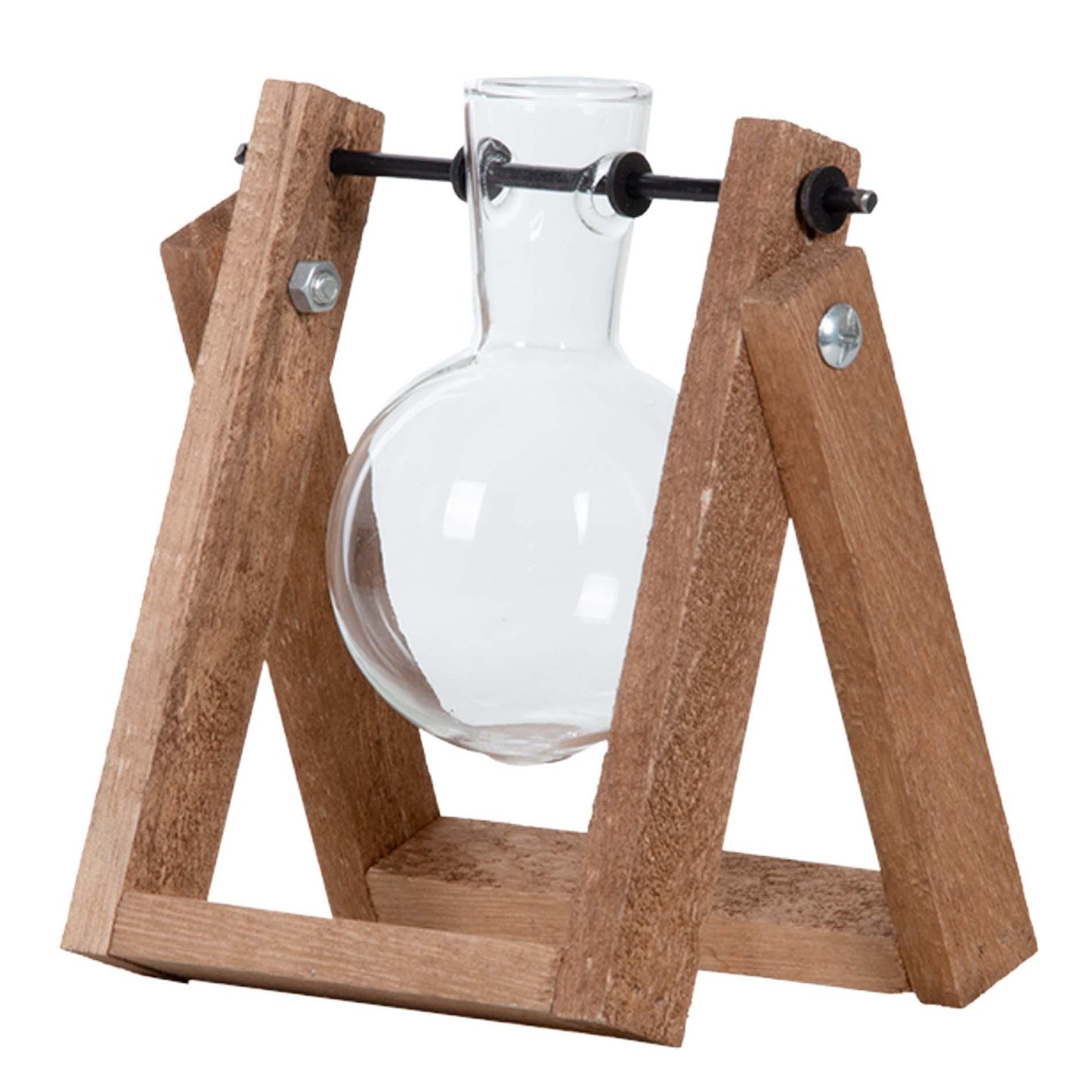 Stekstation met houten standaard en glazen vaas